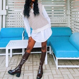 Call It Spring Patent Knee-High Boots in Glossy Brown